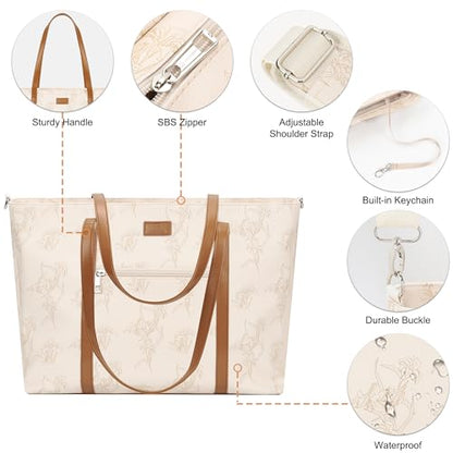 Laptop Bag for Women 17 Inch, Leather Laptop Tote Bag Waterproof Computer Bag Office Work Bag Business Briefcase with Compartment&Shoulder Straps (A3-Beige/Brown Flower, 17.3 inch) - color: A3-beige/Brown Flower