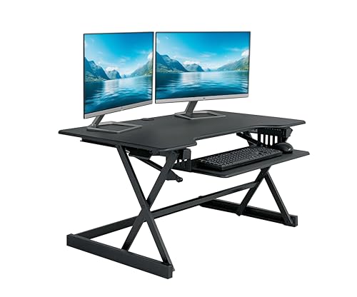Rocelco 40" Height Adjustable Standing Desk Converter with AC Outlet and USB Charger - Gas Spring Sit Stand Up Dual Monitor Tabletop Riser Workstation - Large Keyboard Tray - Black (R DADRB-40-ACUSB) - color: Black Acusb, size: 40", style: Riser Only