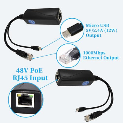 2.5G Micro USB PoE Splitter 5V/2.4A, PoE to Micro USB 5V/2.4A 12W Output, 2.5Gbps Gigabit Ethernet Comply IEEE802.3af/at, Plug and Play for Smart Home - style: USB0502G-X Micro USB 5V/2A