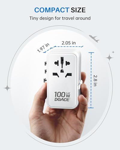 DOACE 100W GaN Universal Travel Adapter with USB-C Cable | 100W GaN Fast Charging, Built-in USB-C Cable, 6-in-1 Design, Works in Europe, UK, US & Australia, Compact Travel Essential - color: White