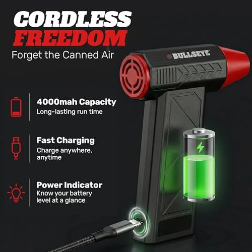 BULLSEYE Blaster 130000 RPM Electric Air Duster, Rechargeable Cordless Compressed Air Blower for Computer Cleaning, Keyboard, Electronics, Car Detailing, 3 Speed Turbo, 2 Nozzles – As Seen on TV