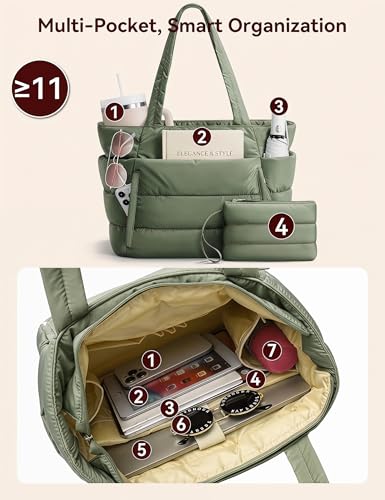 Puffer Tote Bag for Women, Nurse, Large Quilted Shoulder Bag with Cup Holder & Laptop Compartment for Work, Travel, Gym - color: Green