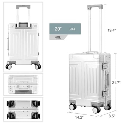 All Aluminum 20'' Luggage with Removable Spinner Wheels,Provide Spare Wheels.Carry on Luggage 22 x 14 x 9 Airline Approved Lightweight Metal Hard Shell Zipperless Suitcase - color: silvery, size: 20 inch