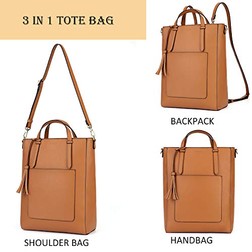 ECOSUSI Tote Bag Convertible Backpack for Women Vegan Leather Handbag Multifuction Shoulder Bag - color: Brown
