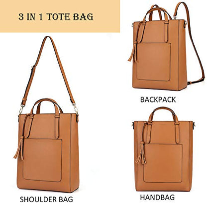 ECOSUSI Tote Bag Convertible Backpack for Women Vegan Leather Handbag Multifuction Shoulder Bag - color: Brown