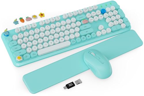Wireless Keyboard and Mouse Combo - Cute Typewriter Keyboard with Detachable Wrist Rest, Retro Round Keycaps, Foldable Legs, 2.4GHz Full-Size for PC, Laptop, Windows - Trueque (Glacier Blue) - color: Glacier Blue