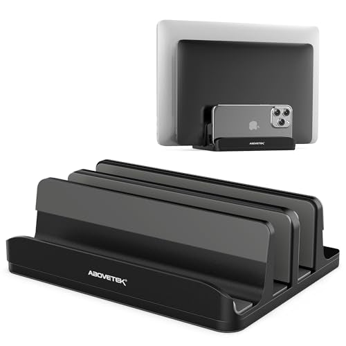 AboveTEK Vertical Laptop Stand Holder, 3 Slots Aluminum Desk Stand with Adjustable Dock Size for Tablet, MacBook, Phone - Universal Fit (up to 17.3") - Heavy Duty Polished, Anti Slide - Black - color: Black