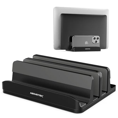 AboveTEK Vertical Laptop Stand Holder, 3 Slots Aluminum Desk Stand with Adjustable Dock Size for Tablet, MacBook, Phone - Universal Fit (up to 17.3") - Heavy Duty Polished, Anti Slide - Black - color: Black