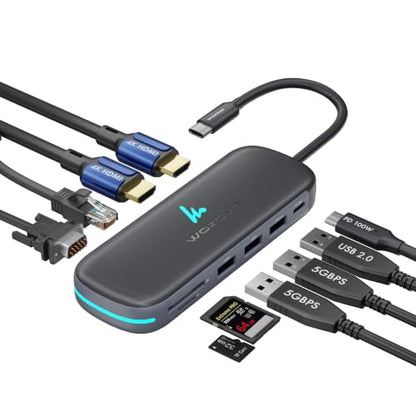 Type C 10 in 1 Wozoyo Docking Station with 2XUSB 5Gbps, Dual 4K HDMI, VGA, Gigabit Ethernet, USB 2.0, SD & TF, PD 100W, Compatible with Thunderbolt 4, macOS, Windows, Android & iOS - style: 10-in-1