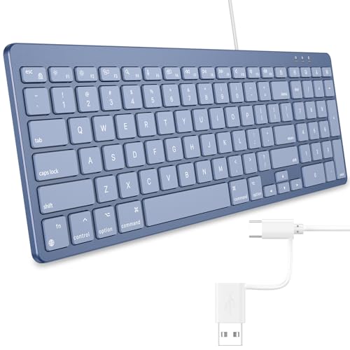 OMOTON USB-A & Type-C Dual Interface Wired Keyboard for Mac, Numeric Keypad | 8° Ergonomic Tilt Comfortable Typing for Office & Business, Compatible with MacBook Neo/Air/Pro, iMac, Blue - color: Blue