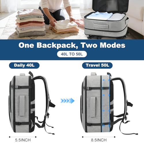 Travel Backpack,Carry on Backpack Expandable 40-50L with USB Cable Port,Fits 17.3 Inch Laptop Notebook,Water Resistant Business Travel Laptop Backpack for Men Women Weekend Trips,Daily Travel,Grey - color: Grey