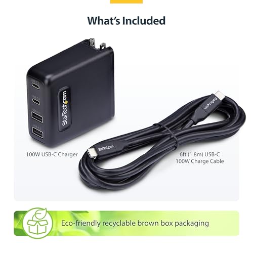 StarTech 100W GaN USB-C Wall Charger, Power Adapter for MacBook Pro/Air | Dell XPS, iPhone 15/Pro, iPad Pro, 2x USB-C/2x USB-A, Fast Charging Portable GaN Charger