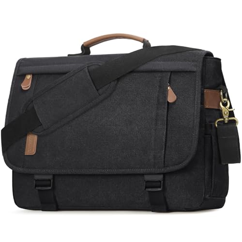 RAINSMORE Messenger Bag for Men 17-17.3 Inch Laptop Bag Water-resistant Canvas Computer Shoulder Bag Office Work Briefcase Large Casual Satchel Bags for Men Bookbag for College, Black - color: Black