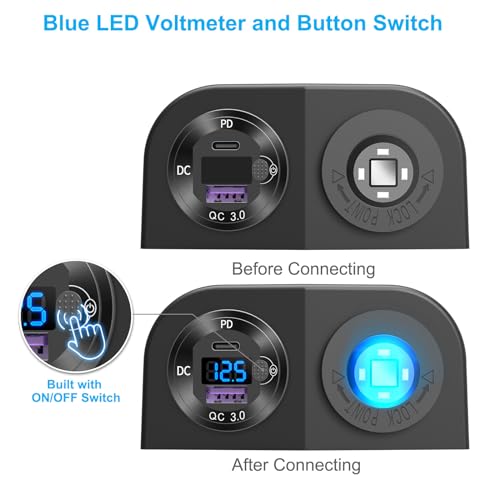 Tent Type Panel 12V USB Outlet Lighted Cigarette Lighter Socket, PD3.0 & QC3.0 Car USB Port Aluminum Charger with LED Voltmeter & Switch, Waterproof Power Panel Adapter DIY Kit for Car Boat Marine RV