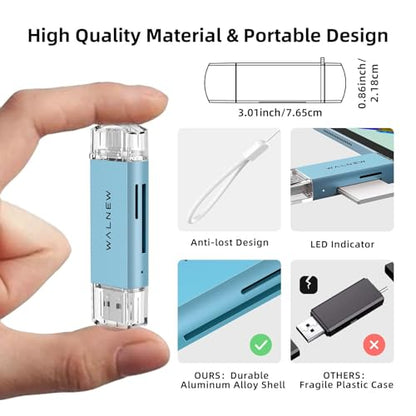 WALNEW SD Card Reader, USB 3.0 & USB-C SD/TF Memory Card Adapter | Supports UHS-I SD/SDHC/SDXC/MicroSD, Compatible with MacBook, PC, iPad, iPhone 15, Samsung Galaxy Android - color: Blue
