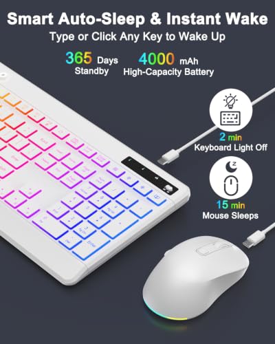 EDJO Wireless Keyboard and Mouse Combo, 10 Backlit Effects, Rechargeable 2.4GHz Silent Full-Size Light Up USB Keyboard with 6 Button RGB Mouse for Laptop, Computer, PC - color: White