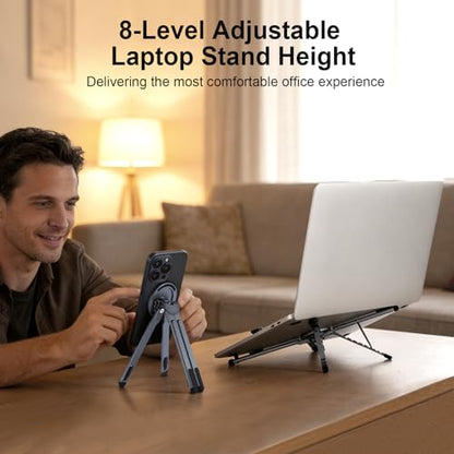 3-in-1 Foldable Magnetic Phone Tripod Stand, Portable Aluminum Alloy Adjustable Holder for Tablet, Laptop MacBook Pro/Air 10–16", Magnet Phone Mount Compatible with MagSafe iPhone Android - color: Silver