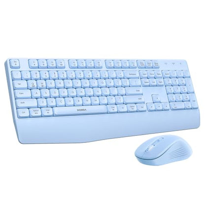 seenda Wireless Bluetooth Ergonomic Keyboard Mouse Combo, Full Size, Blue | USB/Bluetooth multi-device switching, with wrist rest, number pad, and quiet operation for PC, laptop, Mac, MacBook, and iPad - color: Blue