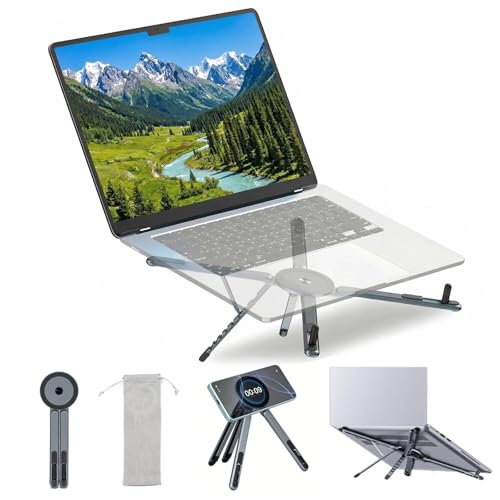 Adjustable Laptop Stand with Magnetic Phone Holder, 3-in-1 Foldable Aluminum Laptop Riser for Laptop, Tablet & Phone, Portable Multi-Angle Stand Compatible with MagSafe for Desk, Home & Travel