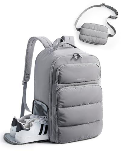 BAGSMART 35L Travel Backpack for Women, 17.3" Carry-On Personal Item | Flight Approved, 180° Opening, Wet/Dry Pocket, Free Crossbody Bag, Shoe Compartment, Luggage Sleeve, Water Resistant - color: Grey
