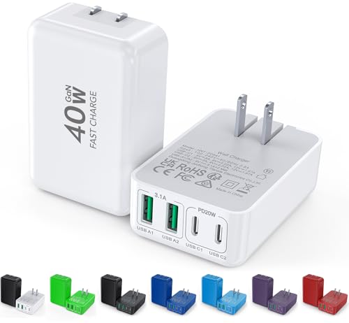 2Pack Flat USB C Wall Charger,40W 4Ports Foldable & Slim Fast Charging Block,Type C Cube Box Multiport Power Adapter Plug Brick Compatible with iPhone 17/16/15/14,Samsung,Pixel, AirPods4,Watch10 - color: White