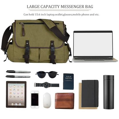 15.6 Inch Laptop Messenger Bag for Men Women, Canvas Computer Shoulder Bag, Work Briefcase for Business College Travel | Anti-theft Design - color: Green