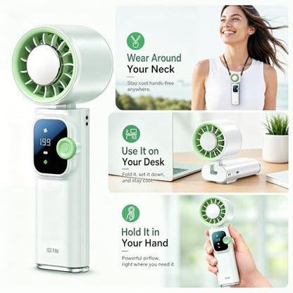 Portable Handheld Fan with Ice Cooling, Personal Rechargeable Fan 20000RPM,199-Speed Mini Neck Fan with 4000mAh Battery Powered up to 15hrs with LED Display for Travel, Camping & Outdoor, White - color: White-Green