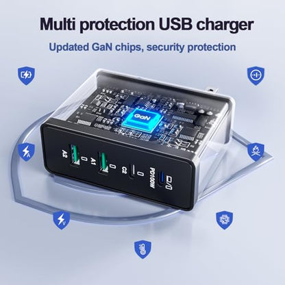 140W USB C Charger, GaN Laptop Charger PD3.0 PPS Wall Charger 4 Port mit 2M Cable Fast Charging Compatible with MacBook Pro/Air/Dell/iPhone/Galaxy/Laptop/Tablet/Mobile