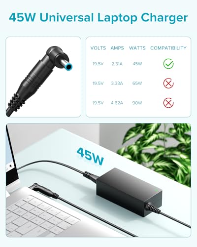 Powseed Universal Laptop Charger 45W for HP Dell Acer Asus Samsung Sony Toshiba Fujitsu Gateway Delta NEC Liteon Notebook Chromebook 18.5V 19V 19.5V 20V 2.25A 2.37A Computer Power Cord AC Adapter
