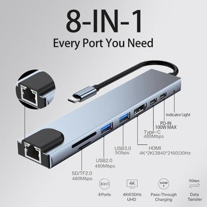 USB C Hub 8 in 1 for MacBook Air/Pro – 4K HDMI, Ethernet, 100W PD, USB 3.0, SD/TF Card Reader – Slim Aluminum Type C Adapter for Laptop (No Driver Needed)