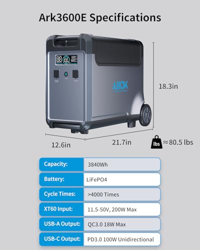 ABOK Ark3600 Portable Power Station of Extra Battery | Expandable to 11520Wh, 3840Wh LiFePO4 Battery, 3H Fast Charge, 3600W Solar Generator for Home Backup, Hurricane, Camping, RV - style: Ark3600 Extra Battery