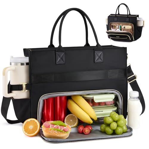 LOVEVOOK Lunch Tote Bag for Women, 3 in 1 Work Bag with Insulated Lunch Compartment, 15.6inch Laptop Bag with Large Cup Holder for Office, College, Casual,Teacher,Nurse - color: Black, size: 15.6 inch with Lunch Compartment