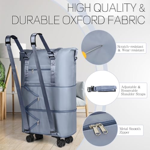 VOOWO Duffel Bag with Wheels - Rolling Foldable Expandable Duffle Bag with Wheels for Travel, Rolling Luggage Bag Carry On Travel Bag with Wheels, Large Wheeled Overnight Weekender Bag (Blue) - color: Blue