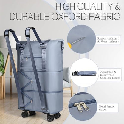 VOOWO Duffel Bag with Wheels - Rolling Foldable Expandable Duffle Bag with Wheels for Travel, Rolling Luggage Bag Carry On Travel Bag with Wheels, Large Wheeled Overnight Weekender Bag (Blue) - color: Blue