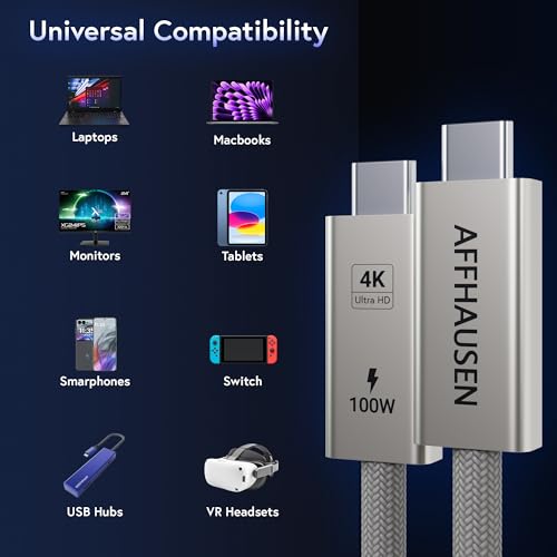 AFFHAUSEN 20Gbps USB-C Cable 3ft, USB 3.2 Gen 2x2, 100W, Braided | 20Gbps USB 3.2 Gen 2x2 | 4K@144Hz Display | up to 100W | Double-Braided Aluminum - size: 3ft / 0.9m