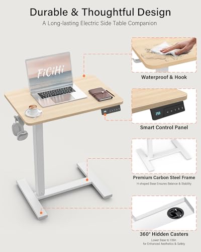 FiCiHi Electric Overbed Table, Adjustable Height Bedside Desk with Hidden Wheels, Rolling Sit-Stand Laptop Table for Bed, Couch, Sofa, Home Office & Hospital Use, (24" x 16", Maple) - color: Maple, size: 24 x 16"