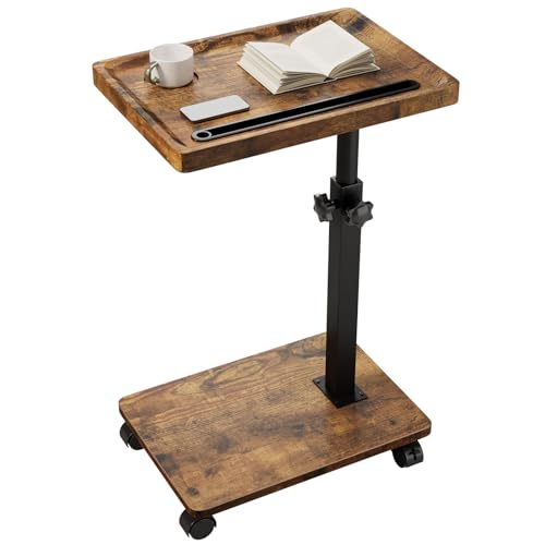 IBUYKE C Shaped Side Table Height Adjustable, 360° Swivel TV Tray Table with Wheels, End Table for Small Spaces,Living Room,Small Bedside Table for Eating, Dinner or Laptop, Brown UTVT007H - color: Brown, size: 11.41"Dx15.35"Wx 19.29-32.28"H
