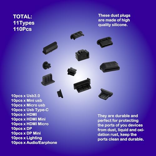 Silicone Universal Anti Dust Cover Plug Kit Stopper Cap for USB C/A Micro USB Lightning Ethernet HDMI DP Computer PC Laptops Phones Audio Devices Electronics Black 11Sizes 110Pcs - size: 11Sizes