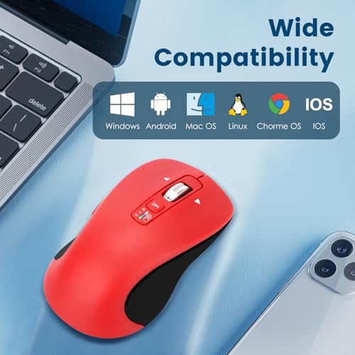 CITLLA Wireless Bluetooth Mouse (USB + BT1 + BT2), Full Size, 4-Way Scrolling, Multi-Device Silent Mouse for Computer, Laptop, iPad, MacBook (Red) - color: Red