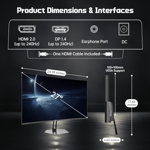 Hikers 27 Inch 240Hz Curved Gaming Monitor, FHD 1080P Computer Monitor | 4000:1 Contrast Ratio Fast VA with MPRT 1ms, 130% sRGB 1500R HDMI DP VESA 100×100, (G27H1F, One HDMI Cable Included) - size: 27 inch