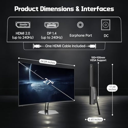 Hikers 27 Inch 240Hz Curved Gaming Monitor, FHD 1080P Computer Monitor | 4000:1 Contrast Ratio Fast VA with MPRT 1ms, 130% sRGB 1500R HDMI DP VESA 100×100, (G27H1F, One HDMI Cable Included) - size: 27 inch