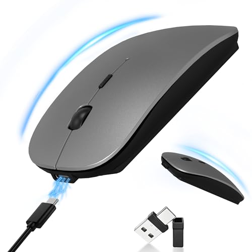 Rechargeable Bluetooth Wireless Mouse with Jiggler, Silent Slim Mouse for MacBook, iPad, Laptop & PC, USB-C/USB-A Dual Receiver, BT5.2 & 2.4G Portable Optical Mouse with Adjustable DPI - Gray - color: Gray