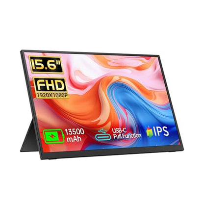 Portable Monitor 15.6" FHD 1080p with 13500mAh Built-in Battery, Kickstand & Speakers, HDMI USB C External Travel Monitor for Laptops, PC, Mac, Xbox, Switch, and PS5/4