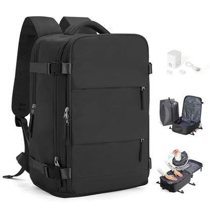 Travel Backpack for Women Men, Flight Approved Carry On Backpack with Compression Vacuum Storage Bags, 18x14x8 inches Personal Item Travel Bag with Pump Black - color: Black