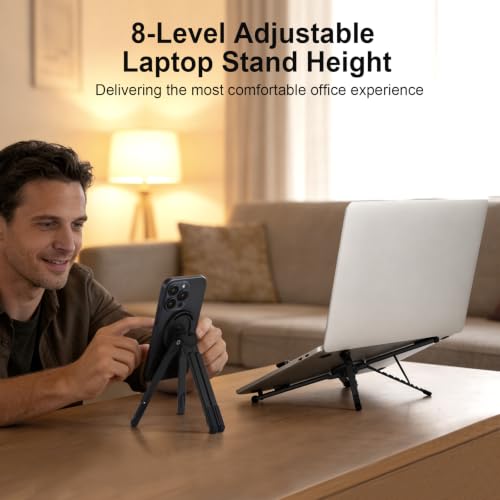 3-in-1 Foldable Magnetic Phone Tripod Stand, Portable Aluminum Alloy Adjustable Holder for Tablet, Laptop MacBook Pro/Air 10–16", Magnet Phone Mount Compatible with MagSafe iPhone Android - color: Black