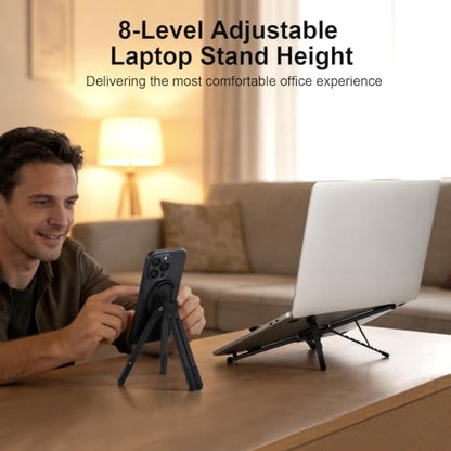 3-in-1 Foldable Magnetic Phone Tripod Stand, Portable Aluminum Alloy Adjustable Holder for Tablet, Laptop MacBook Pro/Air 10–16", Magnet Phone Mount Compatible with MagSafe iPhone Android - color: Black