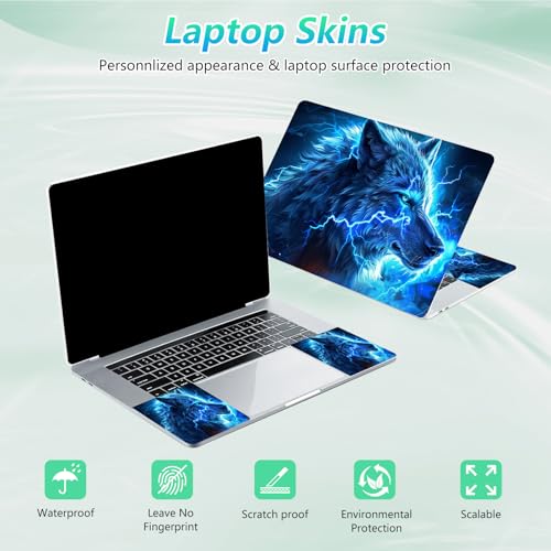 Laptop Skin Sticker Decal 12"-15.6" Universal Laptop/Notebook/Netbook Vinyl - Waterproof Scratch Resistant,Fits HP Dell Lenovo MacBook,2 Free Wrist Pads,Easy Apply & Remove,Blue Glitter Wolf - color: Blue Glitter Wolf