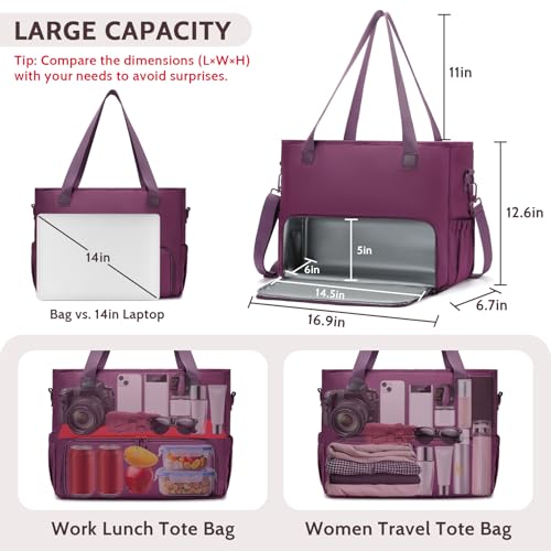 Lunch Tote Bag for Women with 15.6" Laptop Compartment, Work Tote Bag with Insulated Lunch Compartment, Large Casual Canvas Handbag Luncg Bags for Nurse, Teacher, Office, Travel, Beach, Purple - color: Purple