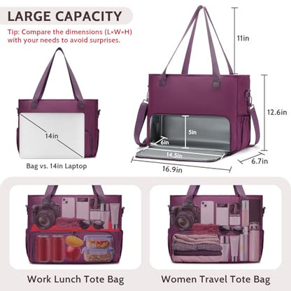 Lunch Tote Bag for Women with 15.6" Laptop Compartment, Work Tote Bag with Insulated Lunch Compartment, Large Casual Canvas Handbag Luncg Bags for Nurse, Teacher, Office, Travel, Beach, Purple - color: Purple