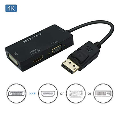 DP to HDMI VGA DVI Adapter Displayport to HDMI 4K Adapter 3 in 1 Display Port to HDMI VGA DVI Converter Male to Female Gold-Plated (Rectangle Black) - color: Black
